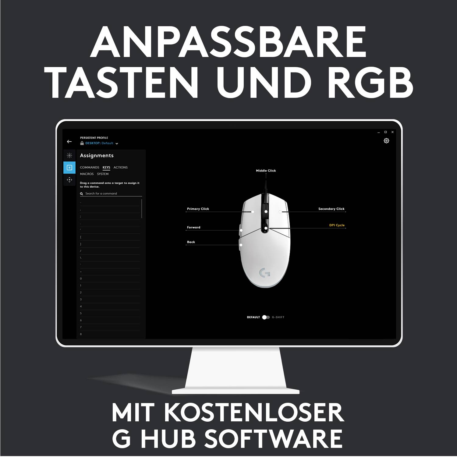 Ein weißer Computermaus mit mehreren Tasten wird auf einem Monitor gezeigt. Text: 'Anpassbare Tasten und RGB mit kostenloser G Hub Software'.