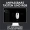 Ein weißer Computermaus mit mehreren Tasten wird auf einem Monitor gezeigt. Text: 'Anpassbare Tasten und RGB mit kostenloser G Hub Software'.