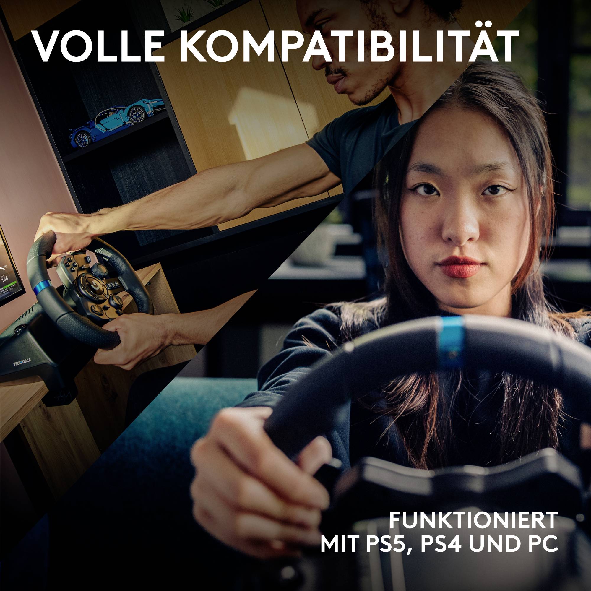 'Volle Kompatibilität' mit PS5, PS4 und PC; Person verwendet ein Gaming-Lenkrad.