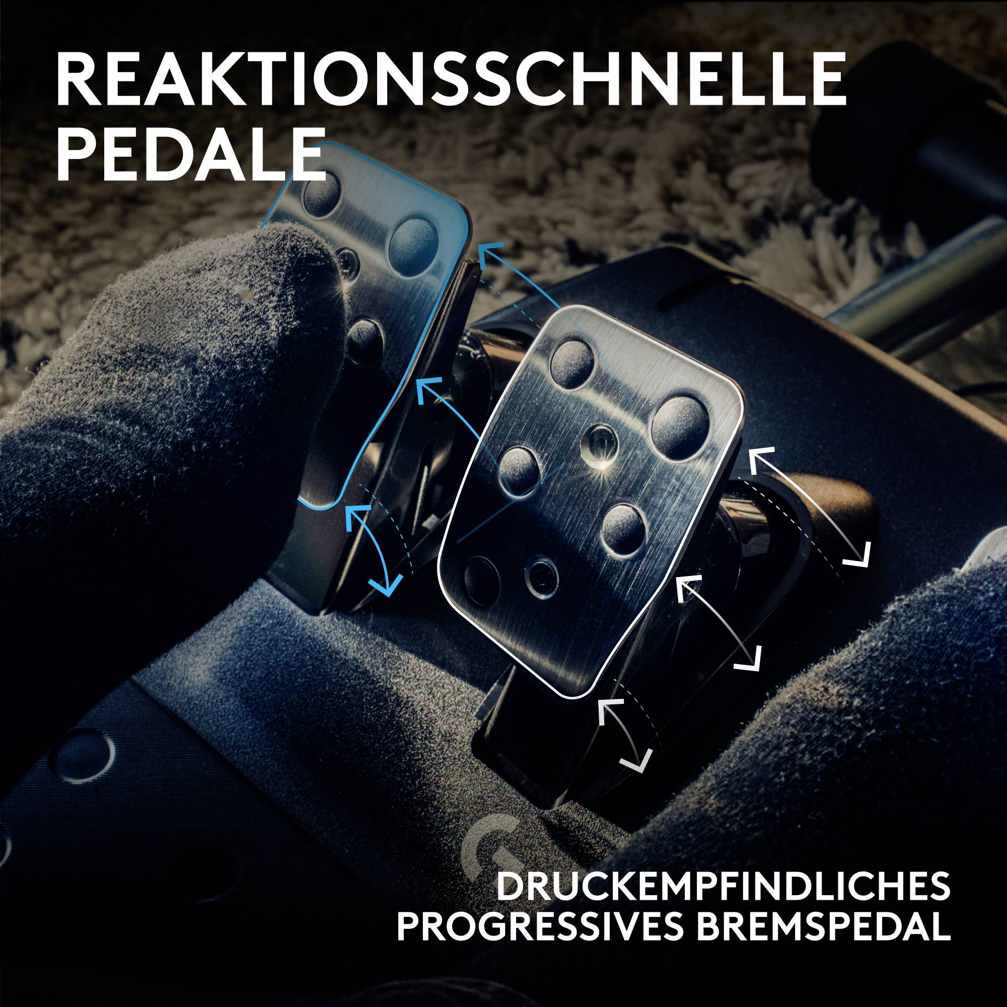 'Reaktionsschnelle Pedale: druckempfindliches, progressives Bremspedal' zeigt Pedale mit technologieorientiertem Fokus.