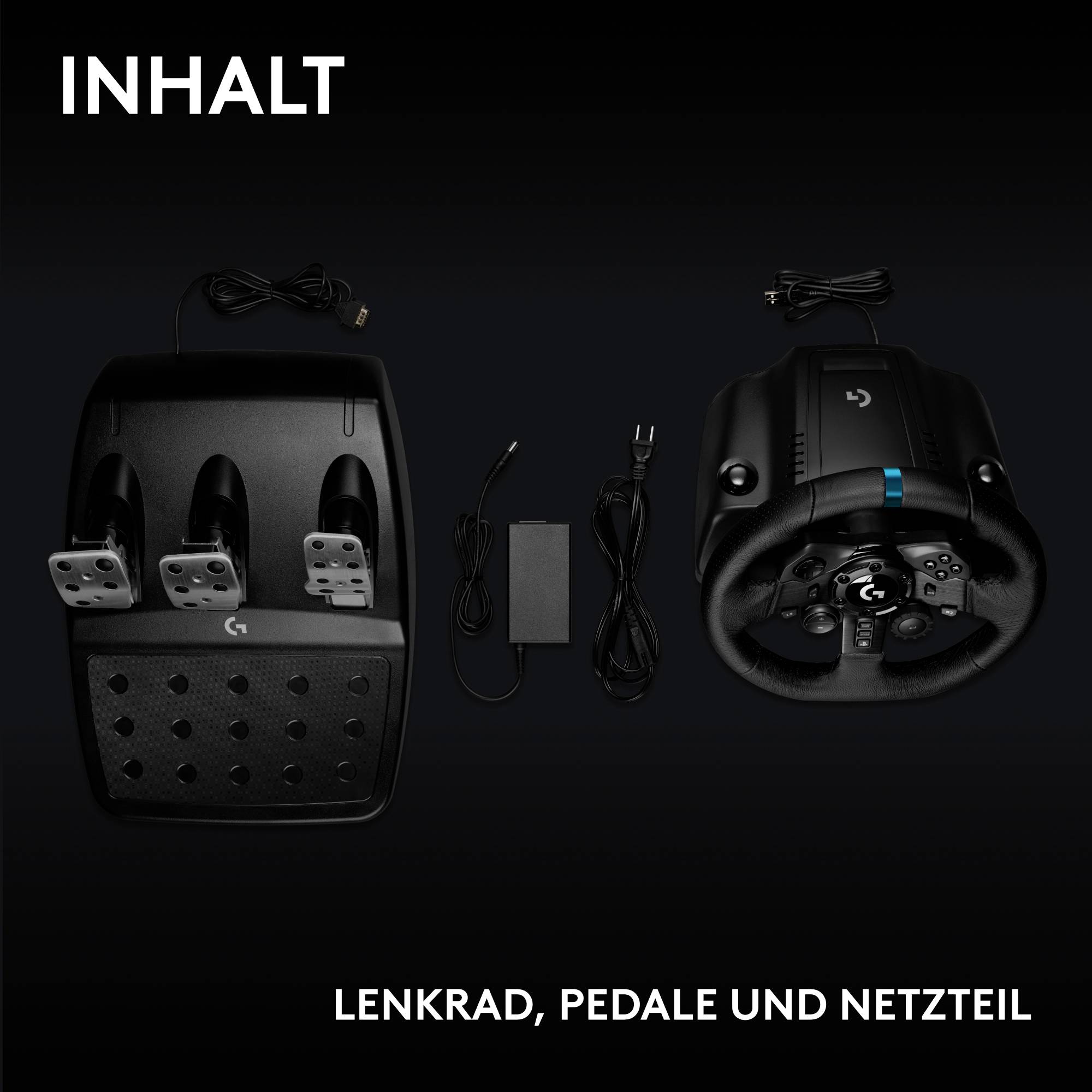 'Die Abbildung zeigt den Inhalt einer Verpackung: Lenkrad, Pedale und Netzteil auf schwarzem Hintergrund.'
