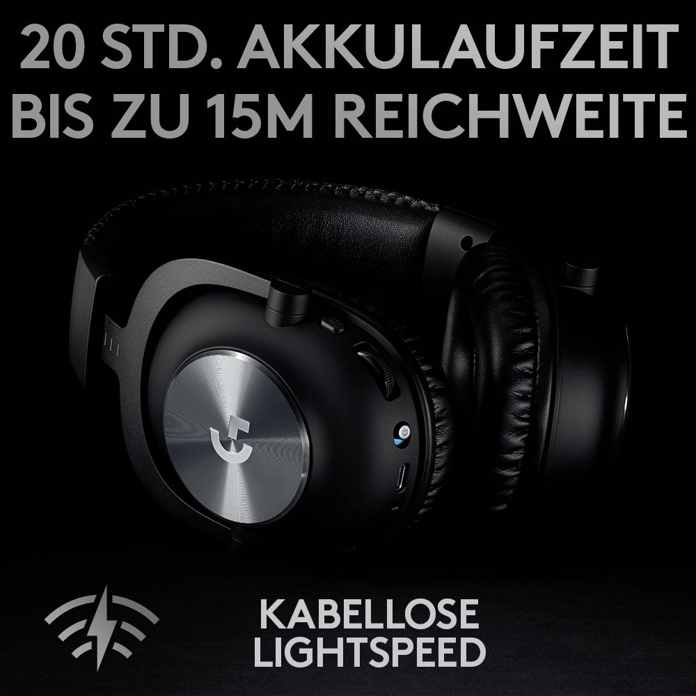 Schwarze kabellose Kopfhörer mit Text '20 Std. Akkulaufzeit, bis zu 15 m Reichweite'. Darunter das Wort 'Kabellose Lightspeed'.