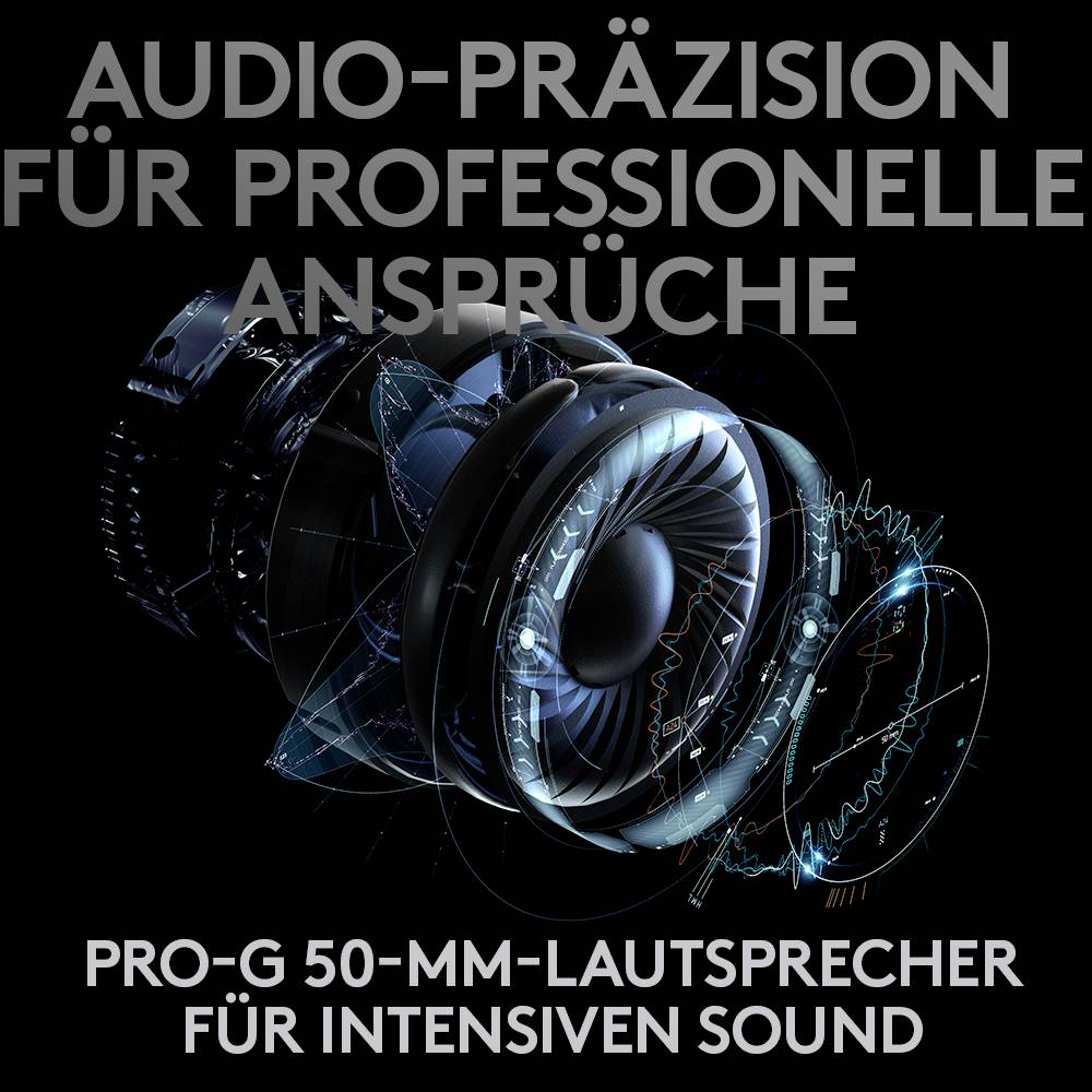 'Audio-Präzision für professionelle Ansprüche. Pro-G 50-mm-Lautsprecher für intensiven Sound.' Visuelle Darstellung eines Lautsprechers.