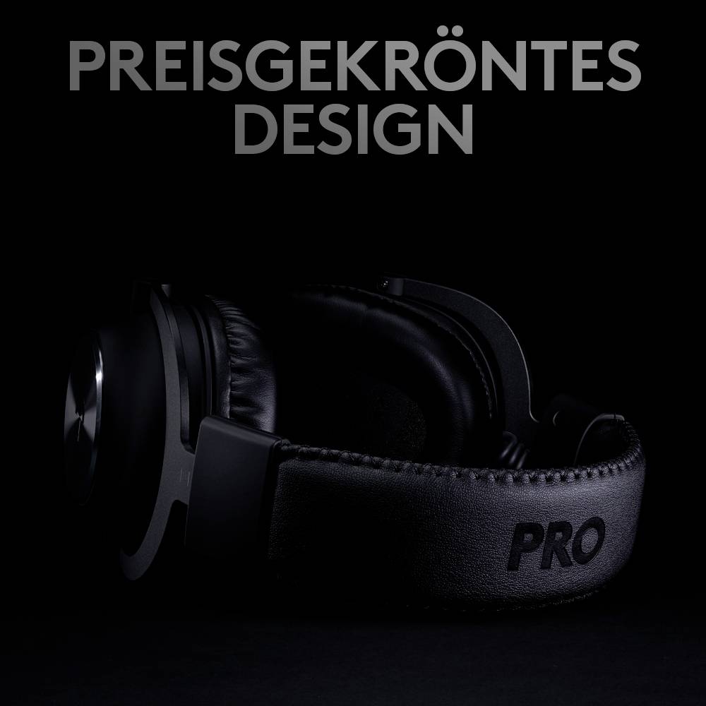 Kopfhörer mit der Aufschrift 'PRO' in Schwarz, darunter der Text 'PREISGEKRÖNTES DESIGN'.