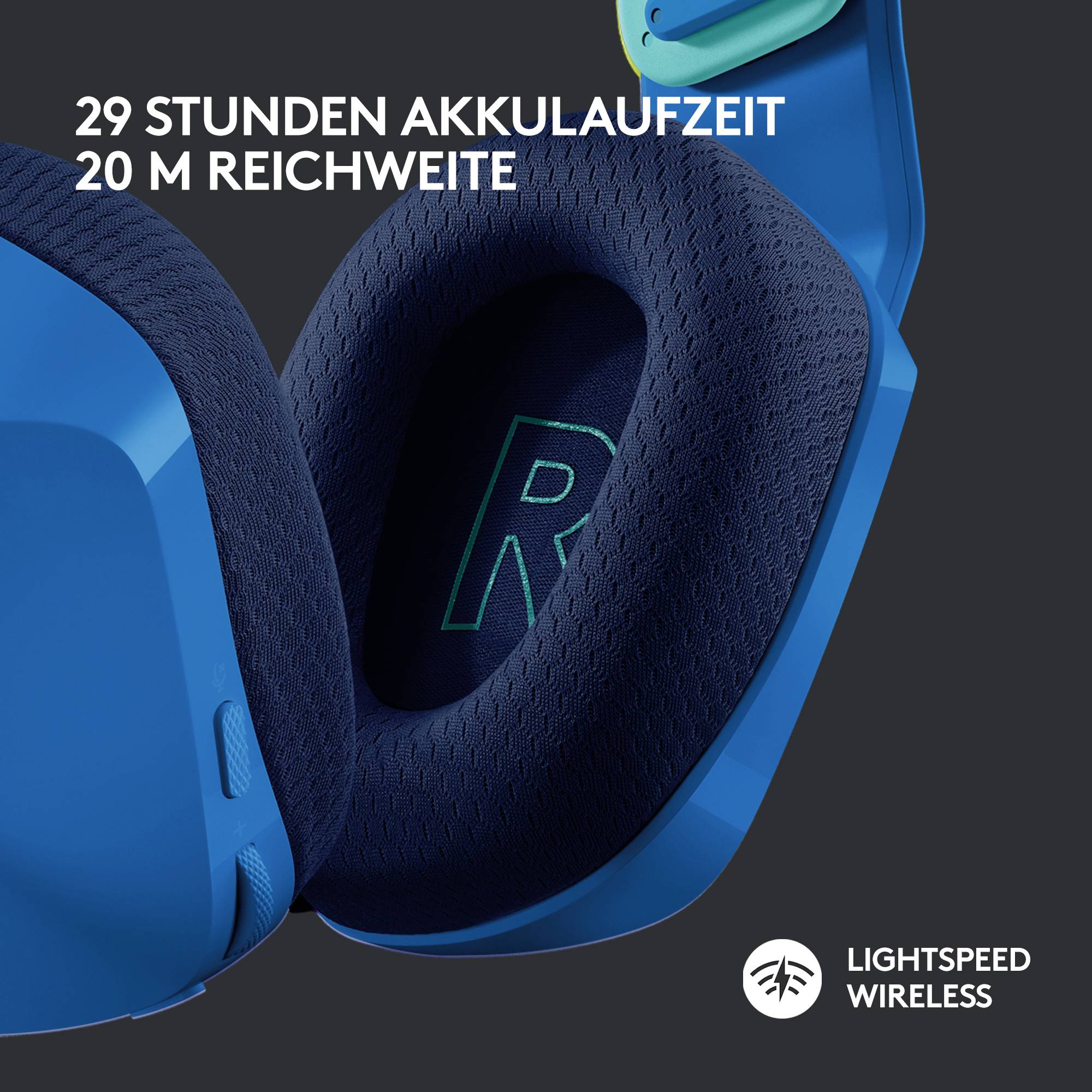 Blaues kabelloses Headset, 29 Stunden Akkulaufzeit, 20 Meter Reichweite; Marke 'Lightspeed Wireless'.