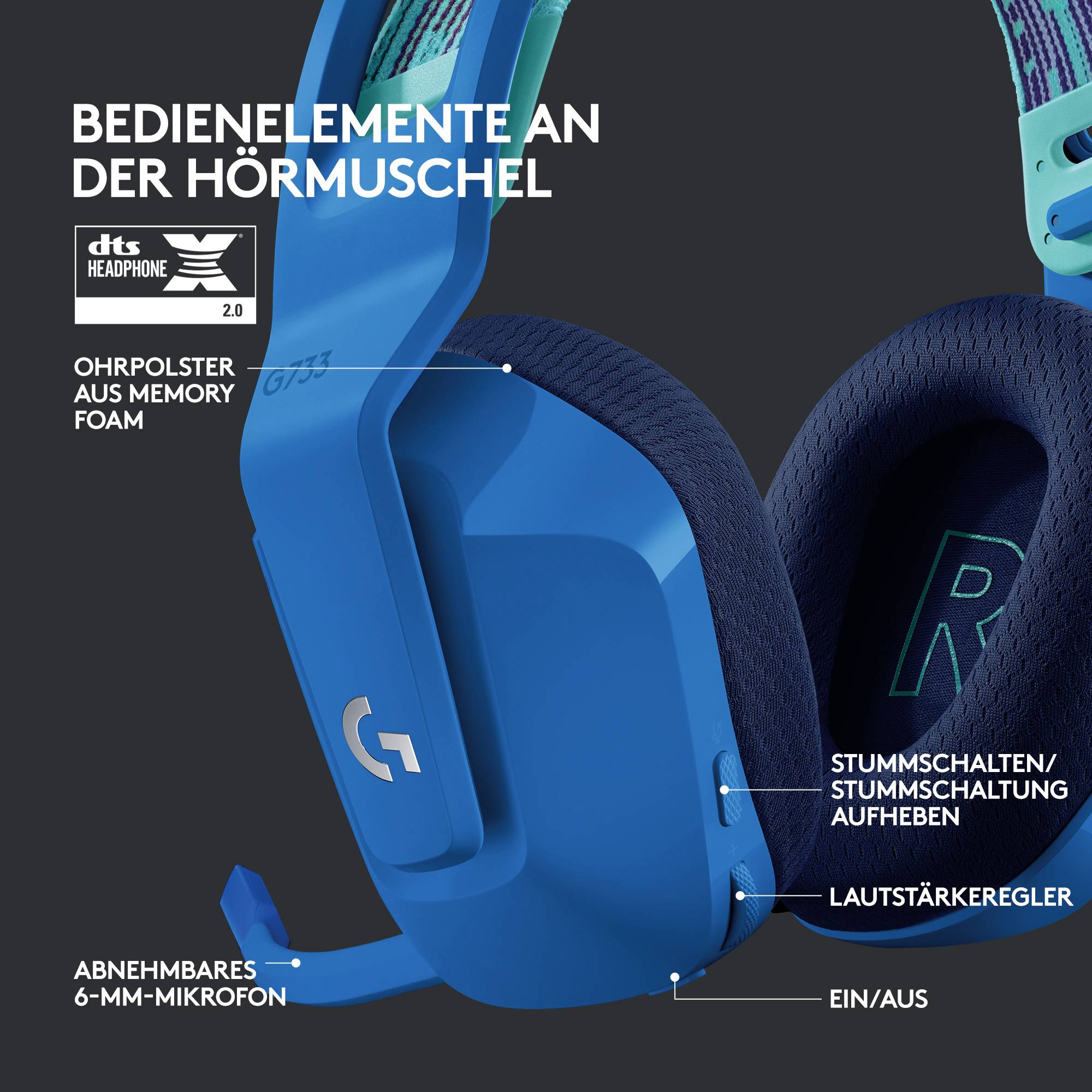 Blaue Over-Ear-Kopfhörer mit Bedienelementen wie Stummschaltung, Lautstärkeregler und Ein/Aus-Schalter. Geprägt mit 'dts Headphone:X 2.0'.
