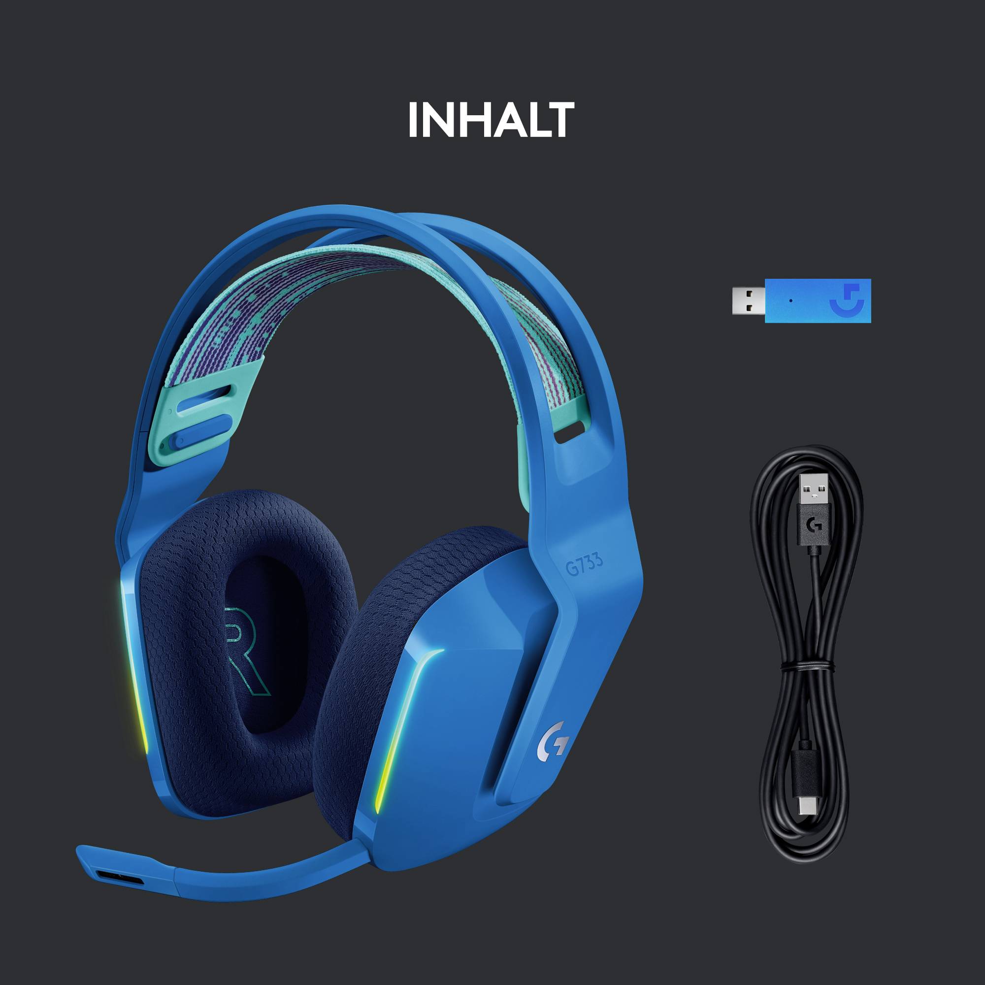 'Kabelloses Gaming-Headset in Blau mit Mikrofon und RGB-Beleuchtung. Mit USB-Dongle und Ladekabel. Modell GT35.'