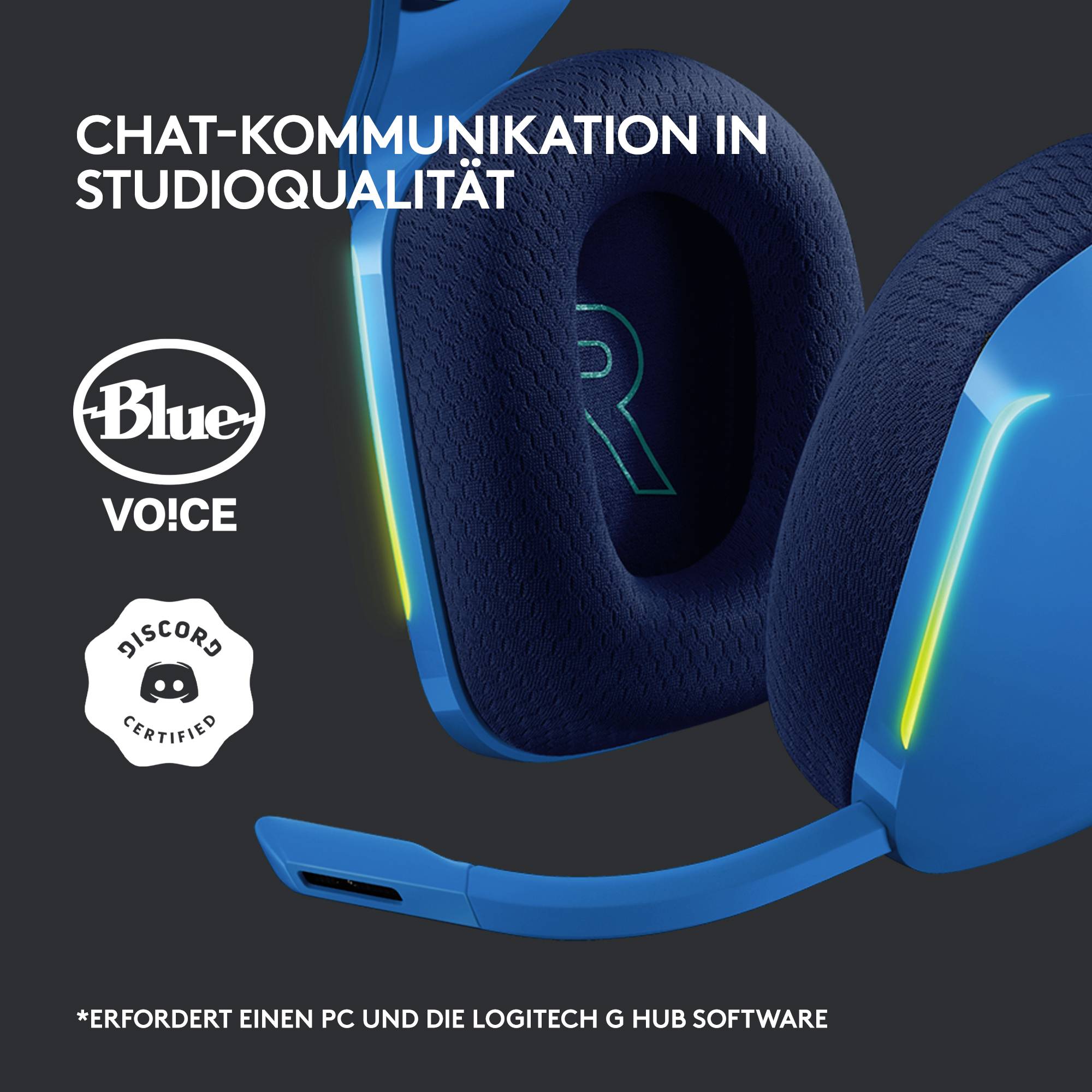 Blauer Kopfhörer mit Mikrofon, Text: 'Chat-Kommunikation in Studioqualität', Blue Voice- und Discord-zertifiziert.