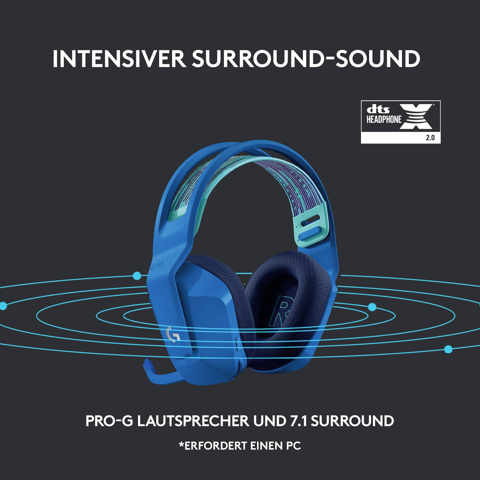 Kopfhörer mit intensiven Surround-Sound-Funktionen, dts Headphone:X 2.0 Technologie und Pro-G Lautsprecher, benötigt PC.