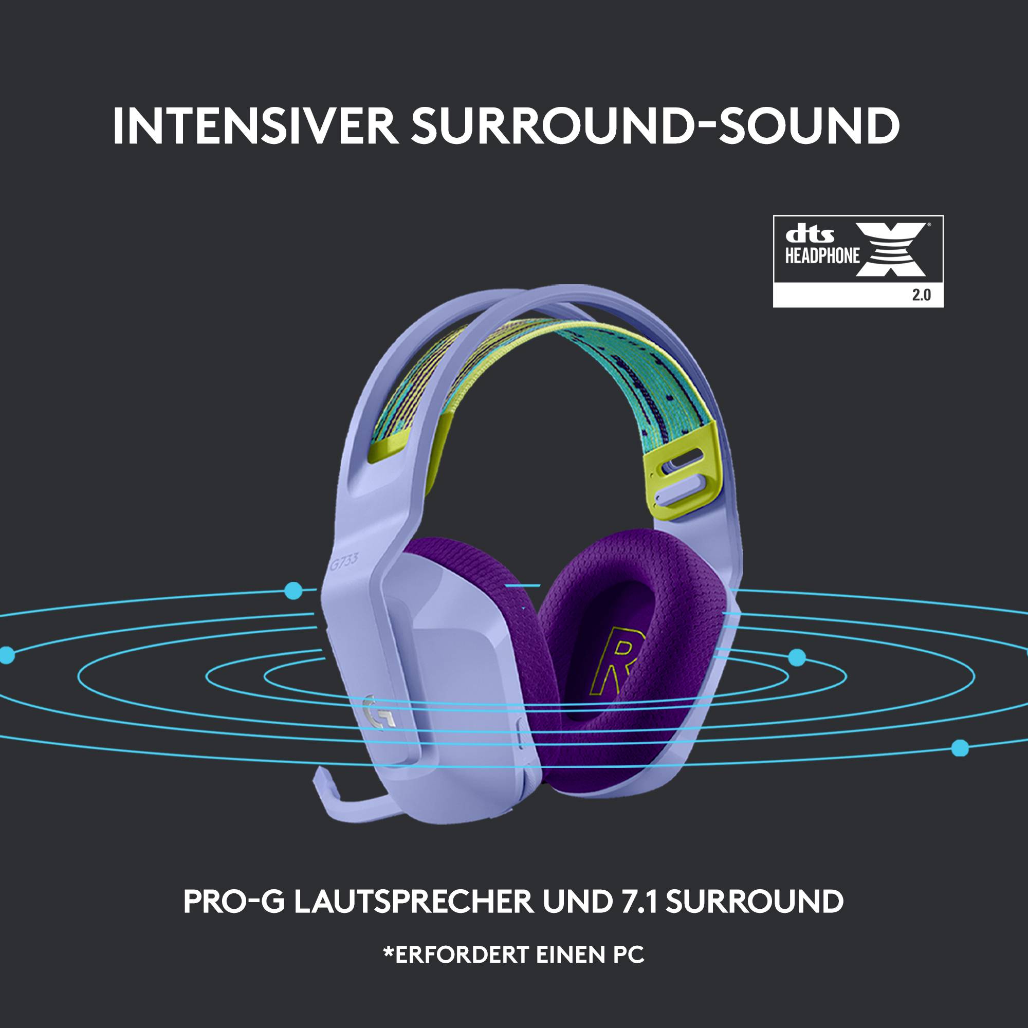 Logitech Gaming G733 LIGHTSPEED On Ear Headset Funk 7.1 Surround Lila Lautstärkeregelung Gaming-18