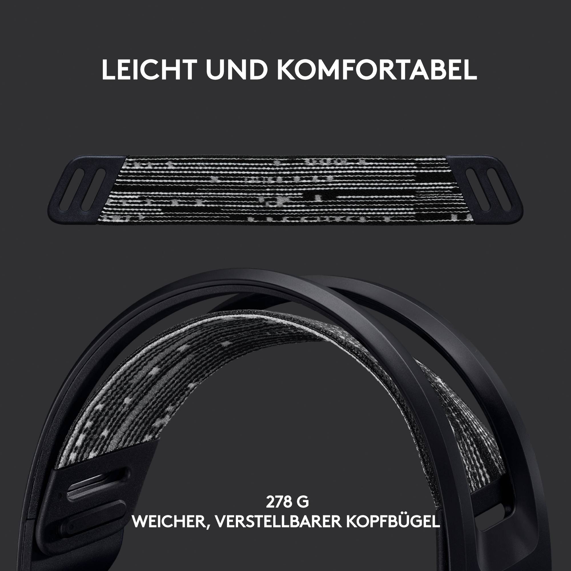 'Leicht und komfortabel' Kopfhörer mit weichem, verstellbarem Kopfband. Gewicht: 278 g.