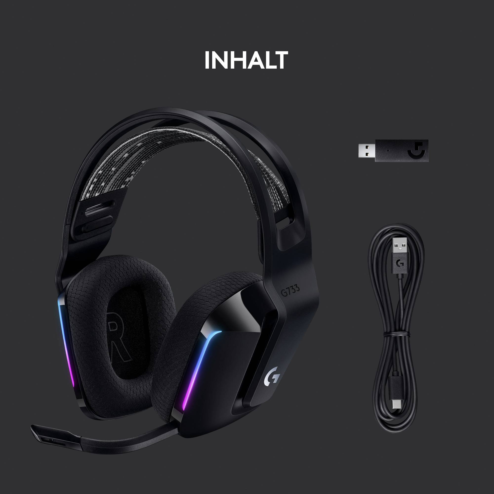 Gamer-Headset mit Mikrofon, farbigen LEDs und USB-Anschluss. Enthält USB-Verbindungskabel; Modell GT53, in Schwarz.