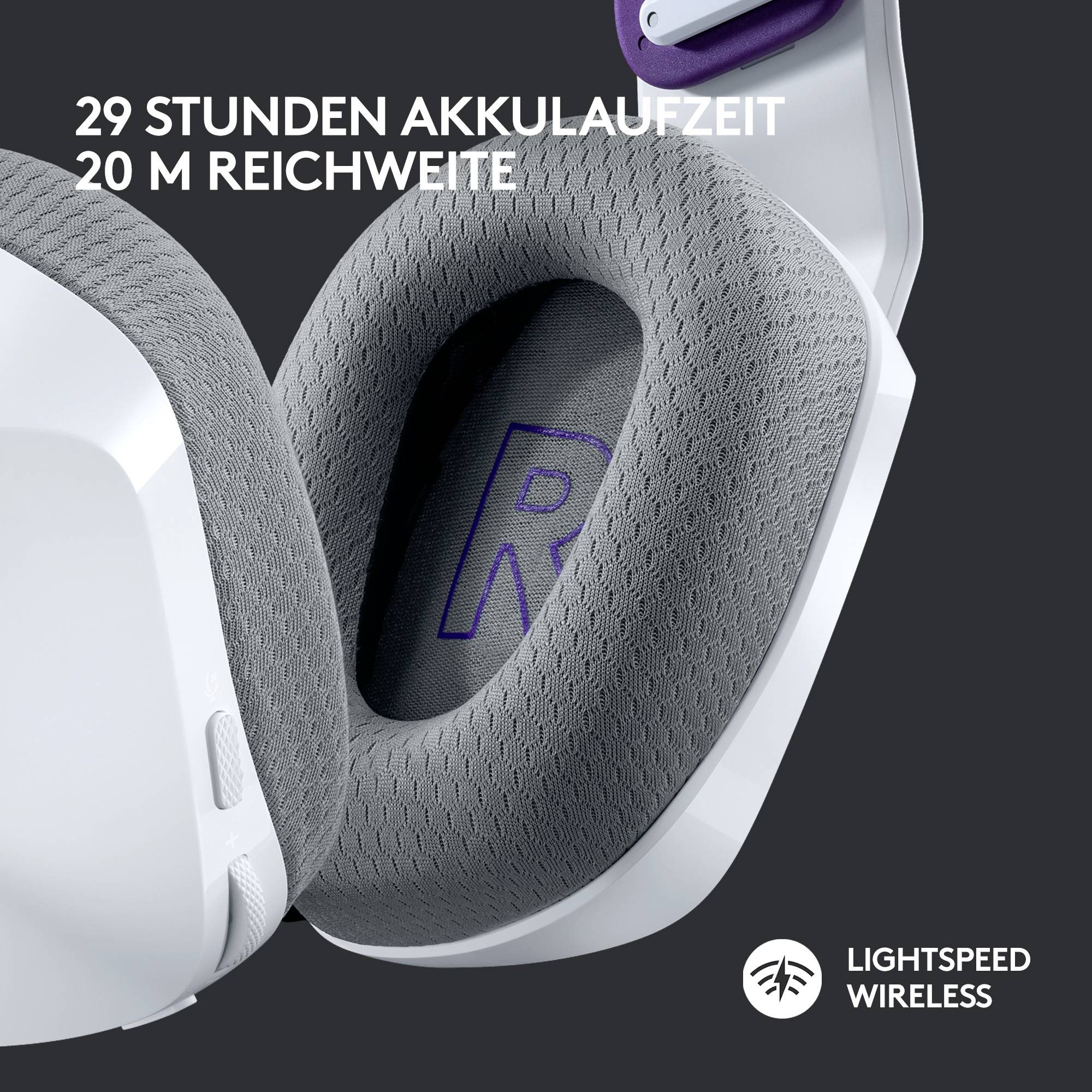 Kabelloses Headset mit grauem Ohrpolster und weißem Rahmen. Text informiert über 29 Stunden Akkulaufzeit und 20 Meter Reichweite.