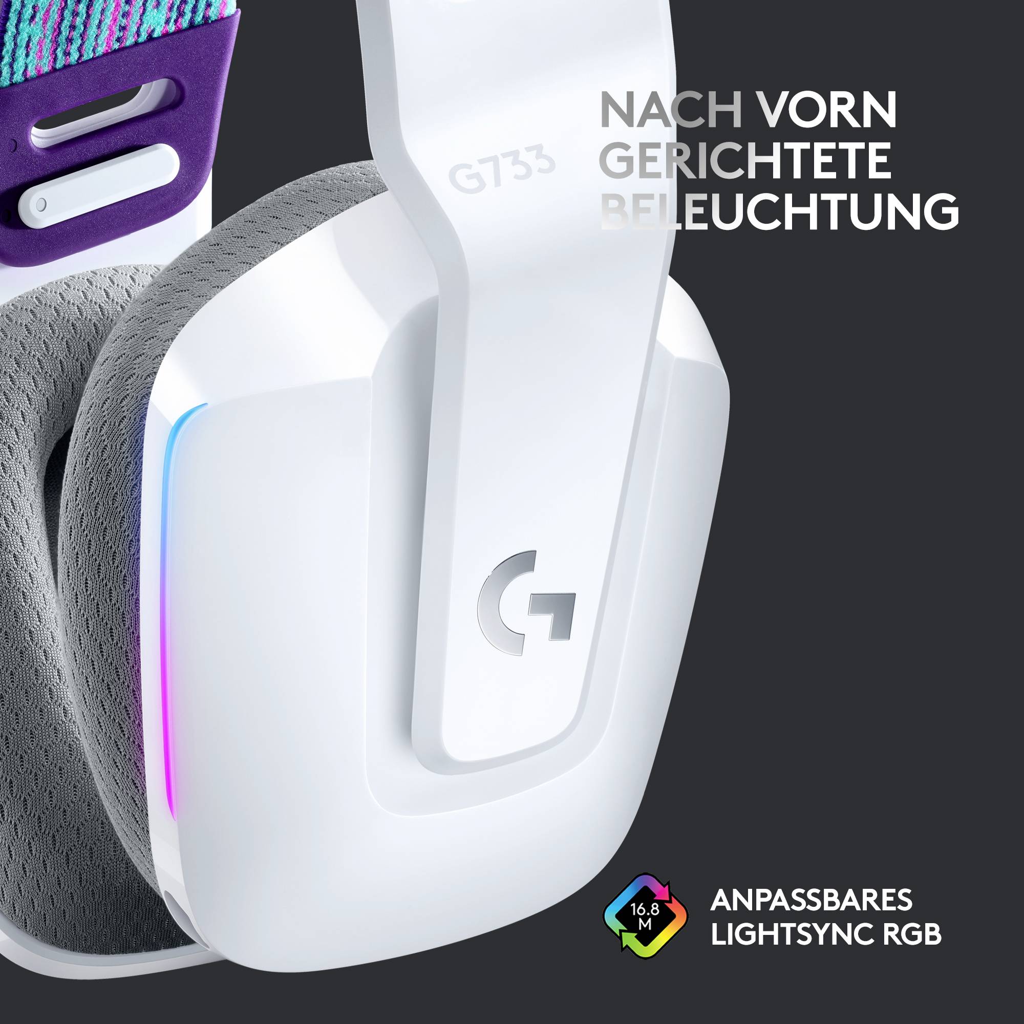 Weiße Gaming-Kopfhörer mit grauem Polster, leuchtend in RGB-Farben. Text: 'Nach vorn gerichtete Beleuchtung'. 16,8M anpassbare Farben.