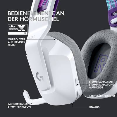 'Hörmuschel mit Bedienelementen: Lautstärkeregler, Stummschaltung/Aufheben, Ein/Aus-Schalter, abnehmbares Mikrofon, Memory Foam.'