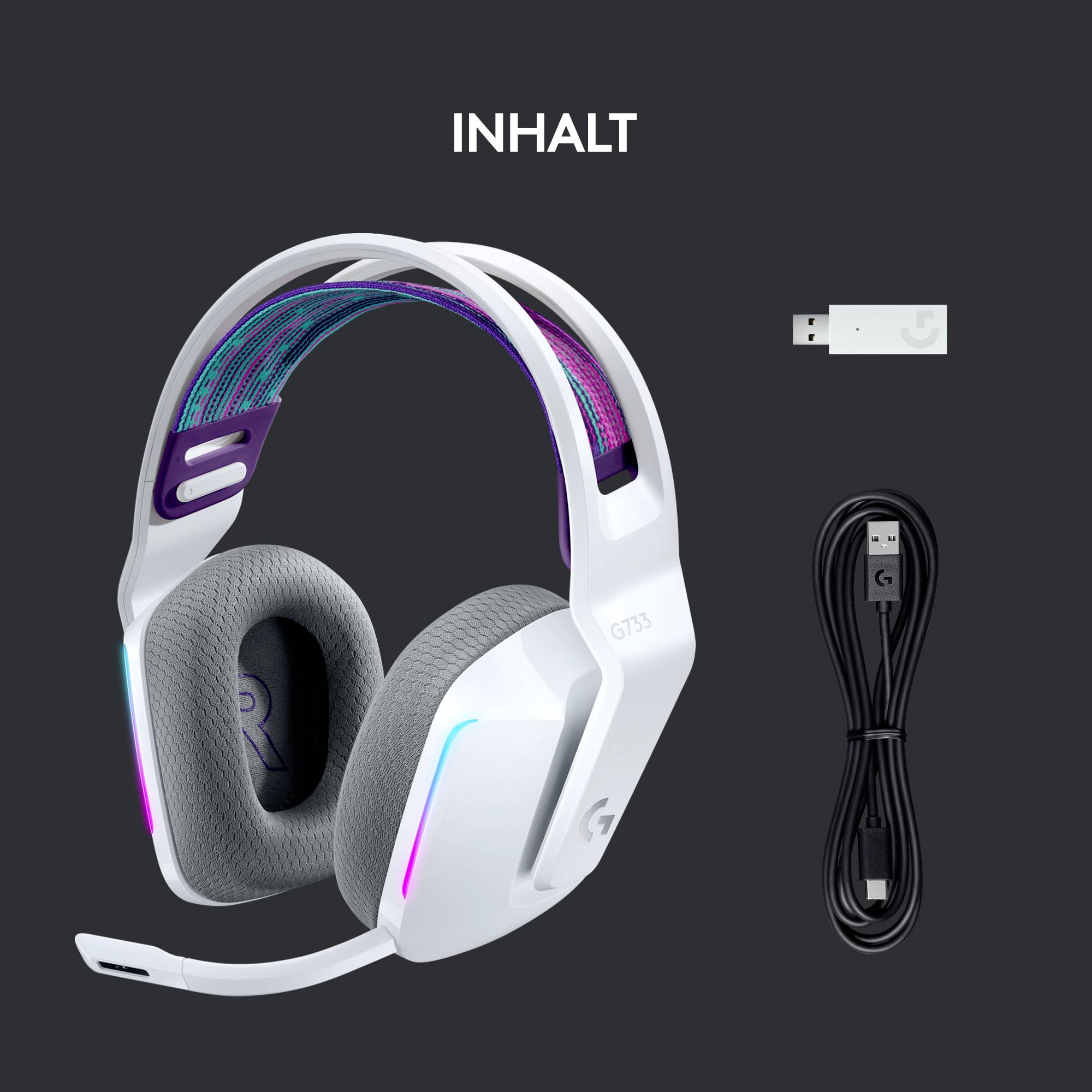 Ein weißes Gaming-Headset mit RGB-Beleuchtung, begleitet von einem abnehmbaren Mikrofon und einem USB-Kabel auf grauem Hintergrund.