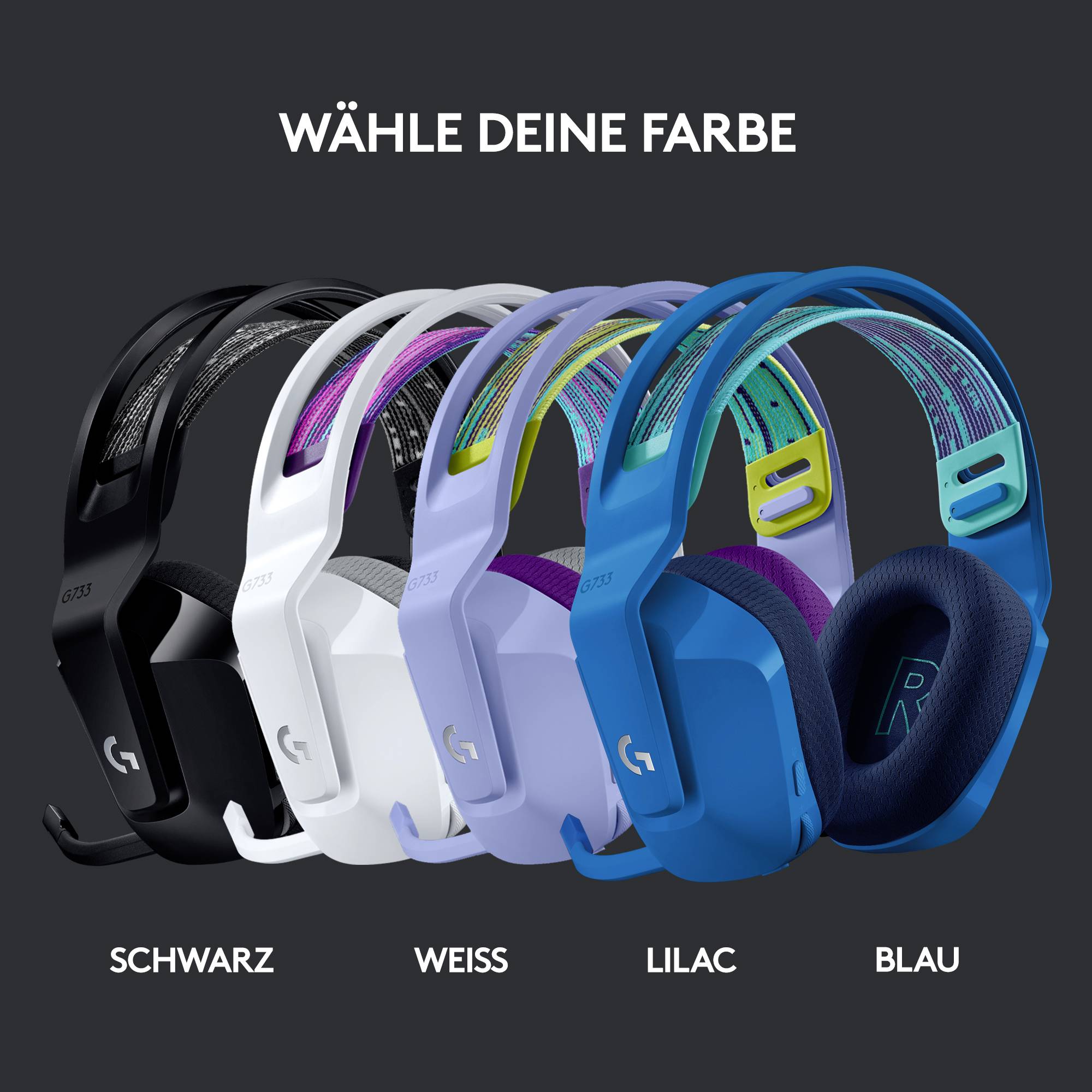 Fünf Gaming-Headsets in verschiedenen Farben (Schwarz, Weiß, Lila, Blau) nebeneinander, mit dem Text 'WÄHLE DEINE FARBE'.
