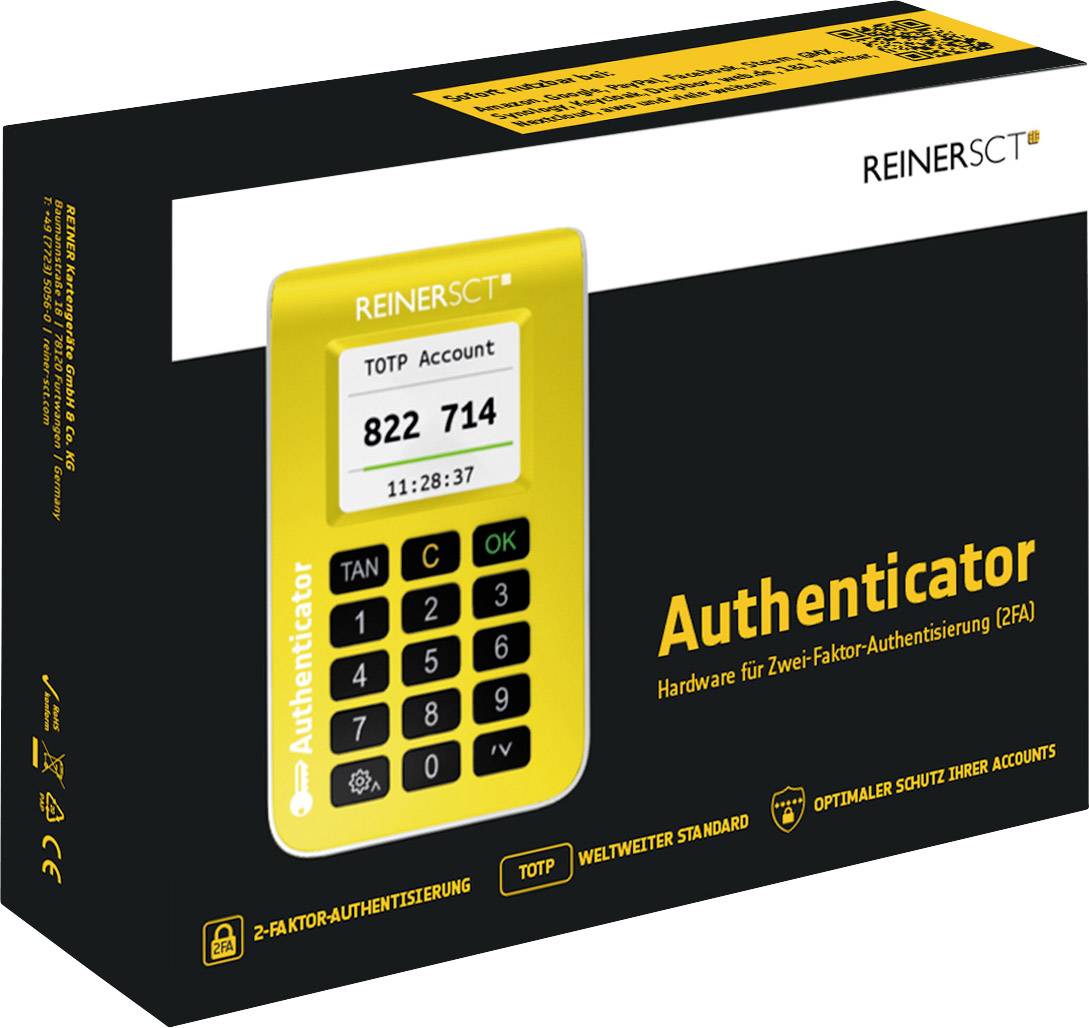 'Authenticator'-Gerät für Zwei-Faktor-Authentifizierung (2FA) von REINER SCT. Zeigt generierten TOTP-Code, Uhrzeit und Kontobezeichnung an.