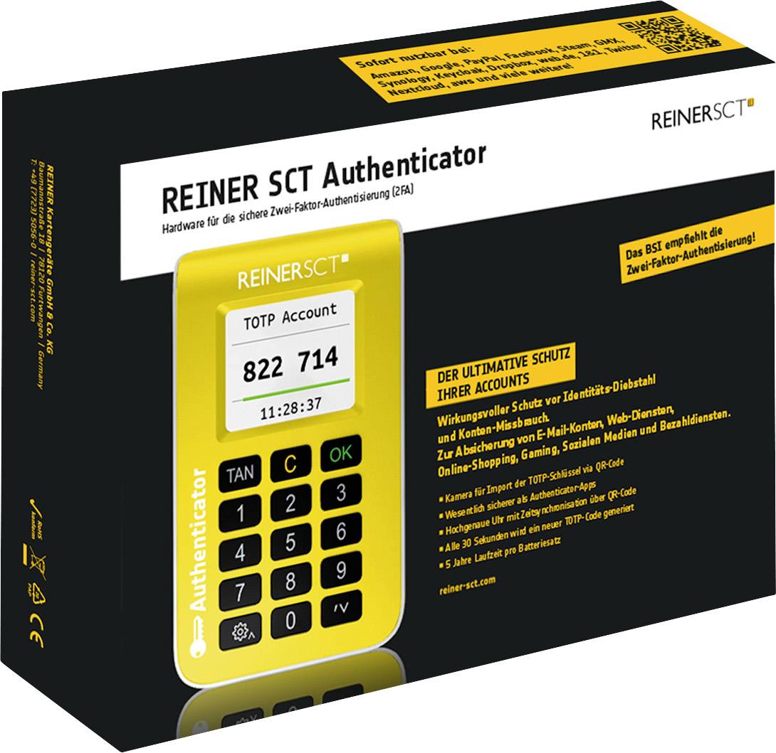 'Reiner SCT Authenticator'-Verpackung mit Bild eines gelben Geräts, numerischem Display und Tastatur. Beschreibt sichere Zwei-Faktor-Authentifizierung.