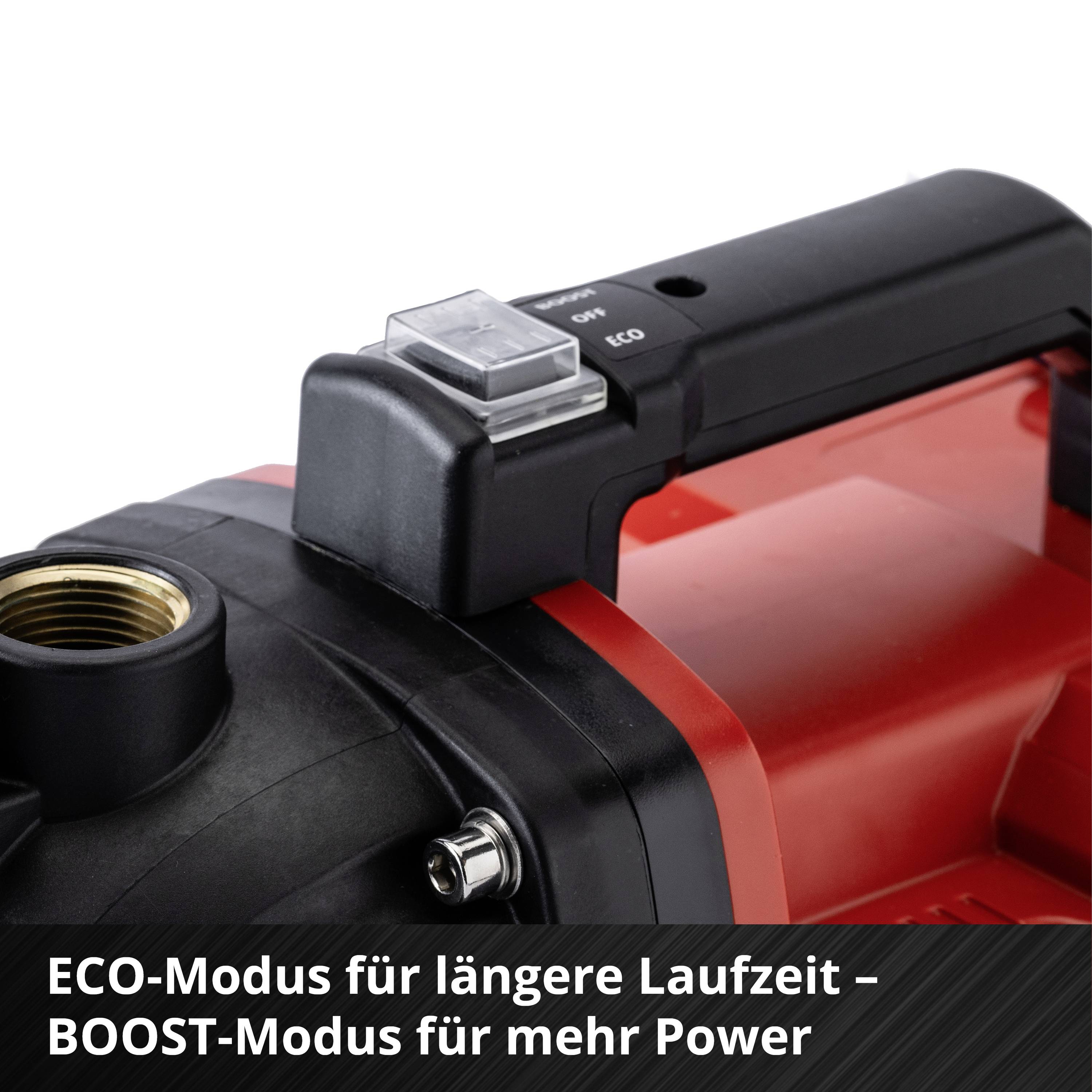 Ein rot-schwarzer Wasserpumpe-Schalter mit 'ECO' und 'BOOST' Modus für effiziente Laufzeitsteuerung und Leistungssteigerung.