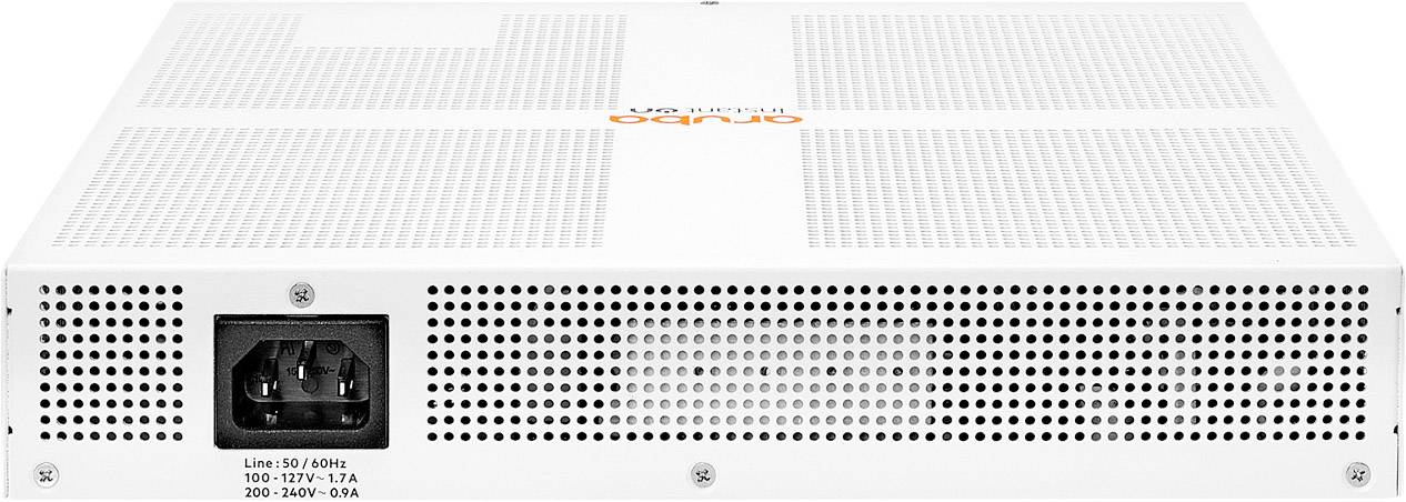 Rückansicht eines weißen elektronischen Geräts mit Netzanschluss und Lüftungsschlitzen. Gerät ist für 100-240V, 1,7A-0,9A ausgelegt.
