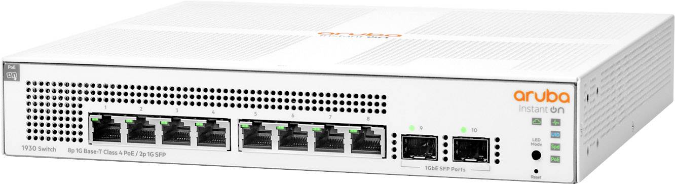 Ein Netzwerk-Switch mit acht Ethernet-Ports und zwei SFP-Ports, beschriftet als 'Aruba Instant On', geeignet für kleine Unternehmen.