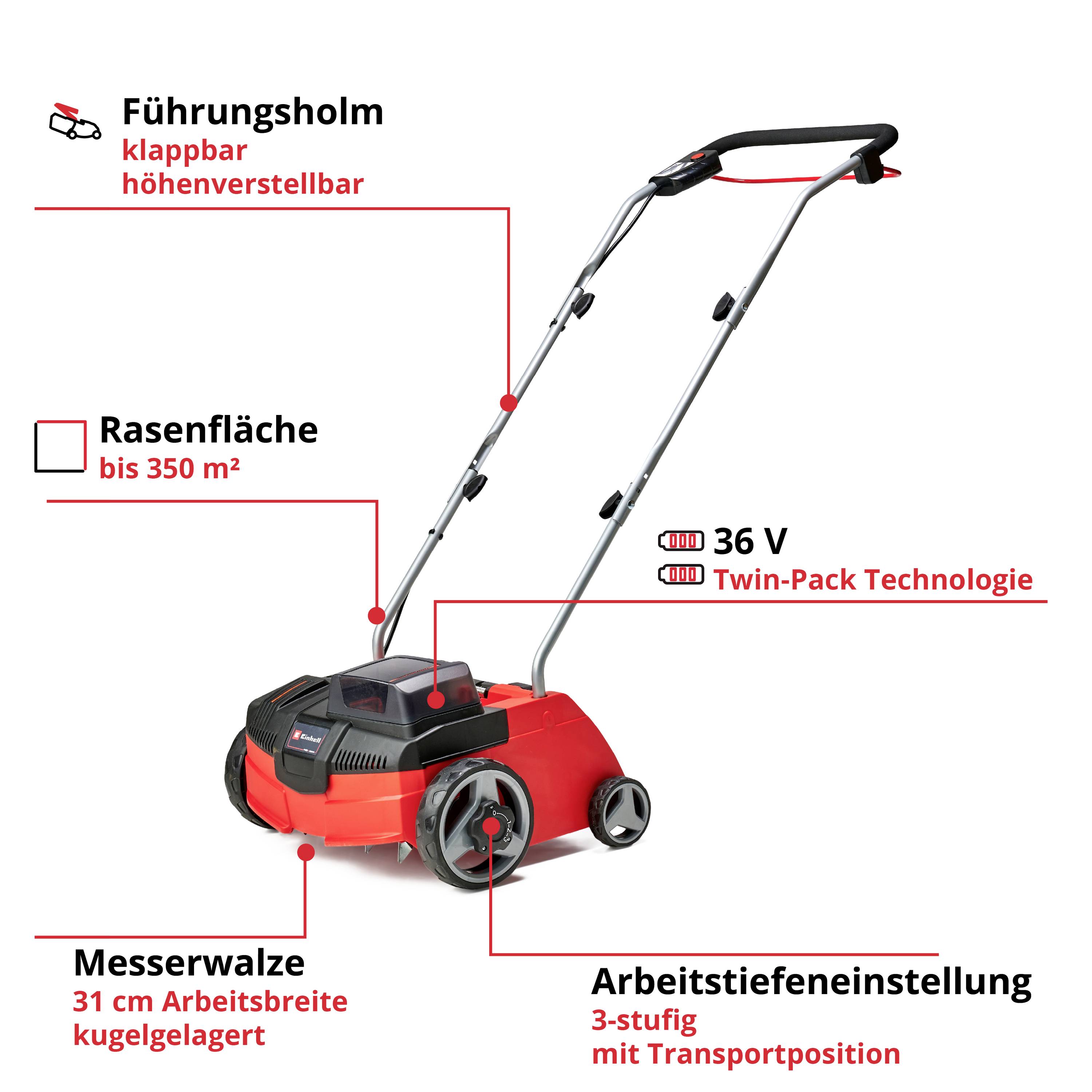 'Rasenmäher mit höhenverstellbarem Führungsholm, geeignet für Flächen bis 350 m². 36 V, Messerwalze 31 cm. 3-stufige Arbeitstiefenverstellung.'