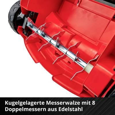 'Kugelgelagerte Messerwalze mit 8 Doppelmessern aus Edelstahl', rote mechanische Komponente.