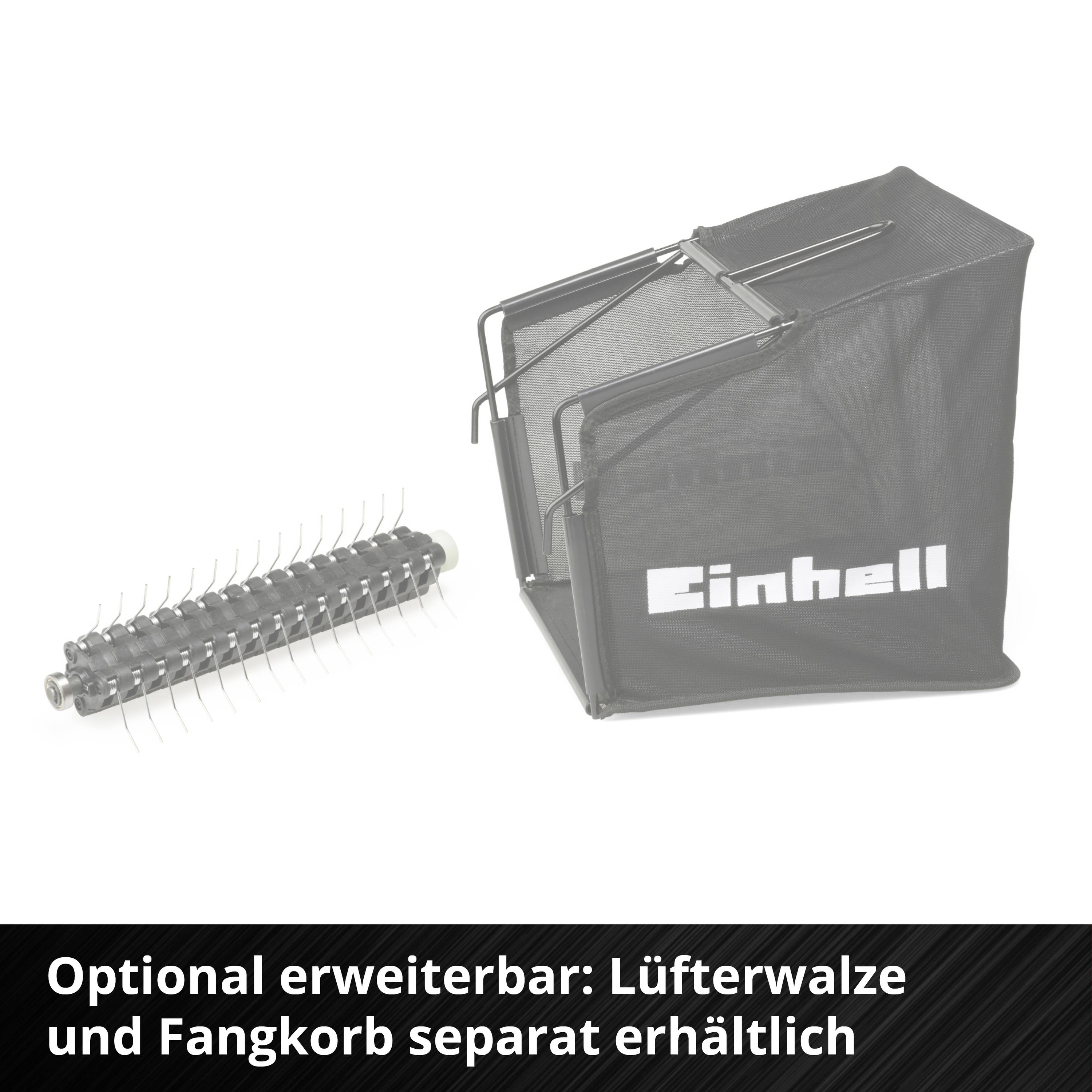 Lüfterwalze und Fangkorb von Einhell, optional erweiterbar. Text: 'Optional erweiterbar: Lüfterwalze und Fangkorb separat erhältlich'.