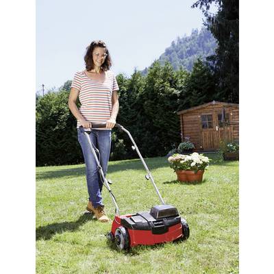 Eine Person mäht den Rasen mit einem roten Rasenmäher. Im Hintergrund sind ein Gartenhaus, Pflanzen und Bäume zu sehen.