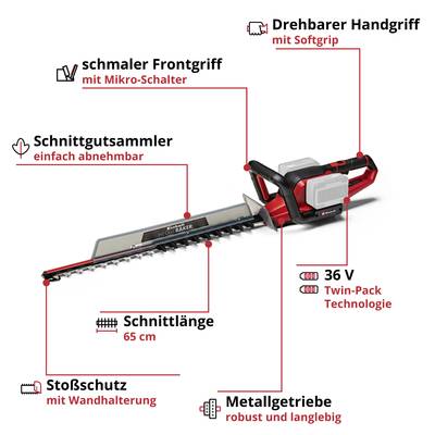 Eine Kettensäge mit 65 cm Schnittlänge, drehbarem Handgriff und stoßgeschütztem Rahmen. Ausgestattet mit 36 V Twin-Pack Technologie.