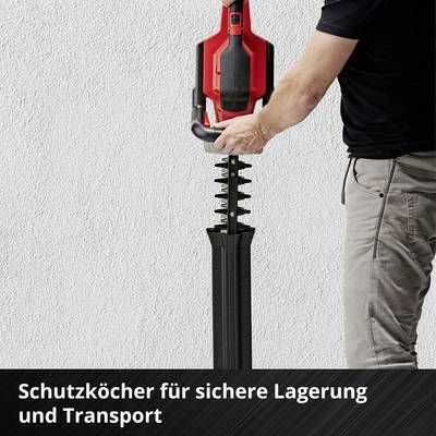 Person hält eine Heckenschere an der Wand, mit dem Text 'Schutzköcher für sichere Lagerung und Transport' unten.