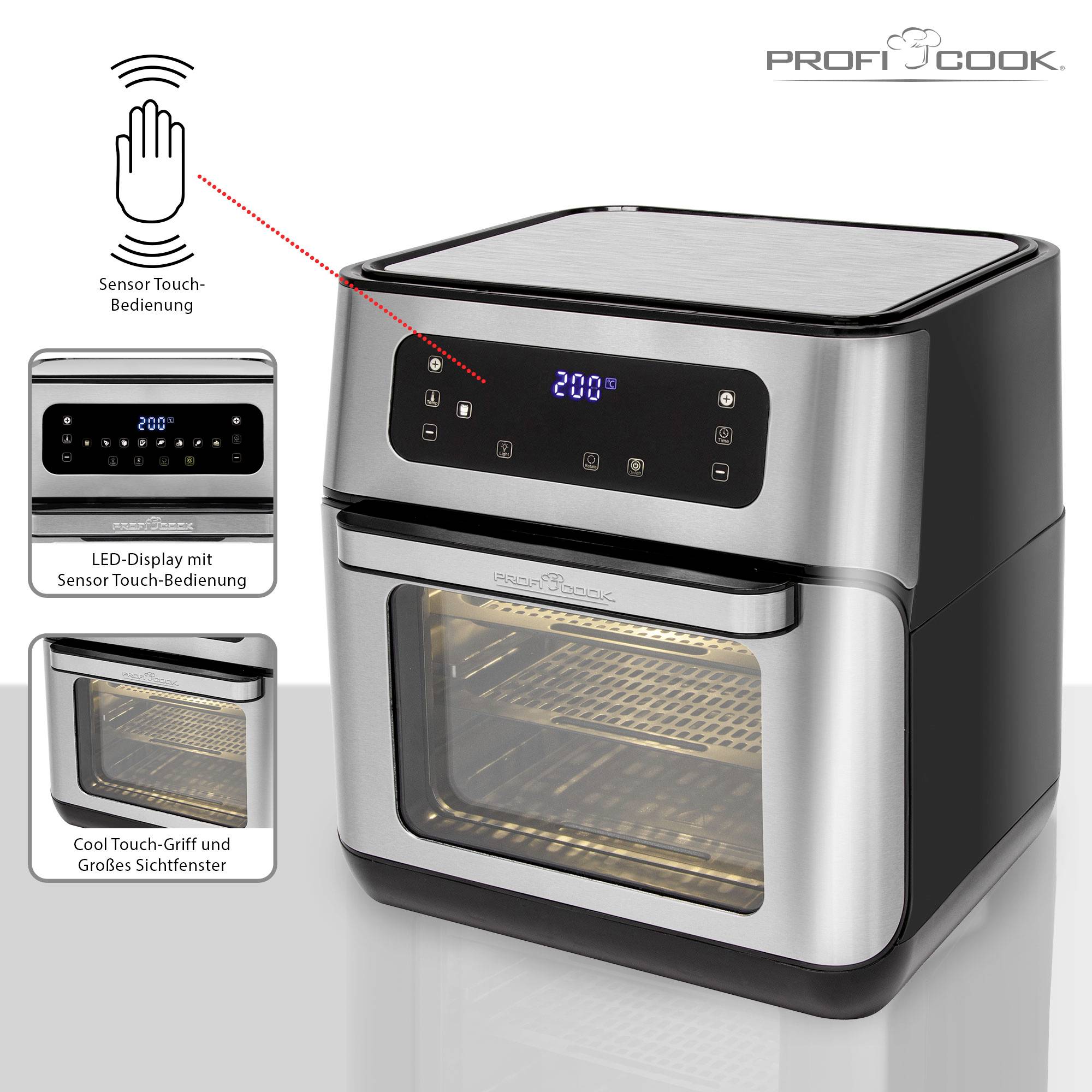Elektrischer Ofen mit Sensor-Touch-Bedienung. Zeigt ein LED-Display mit Temperaturanzeige, Cool-Touch-Griff und Sichtfenster.