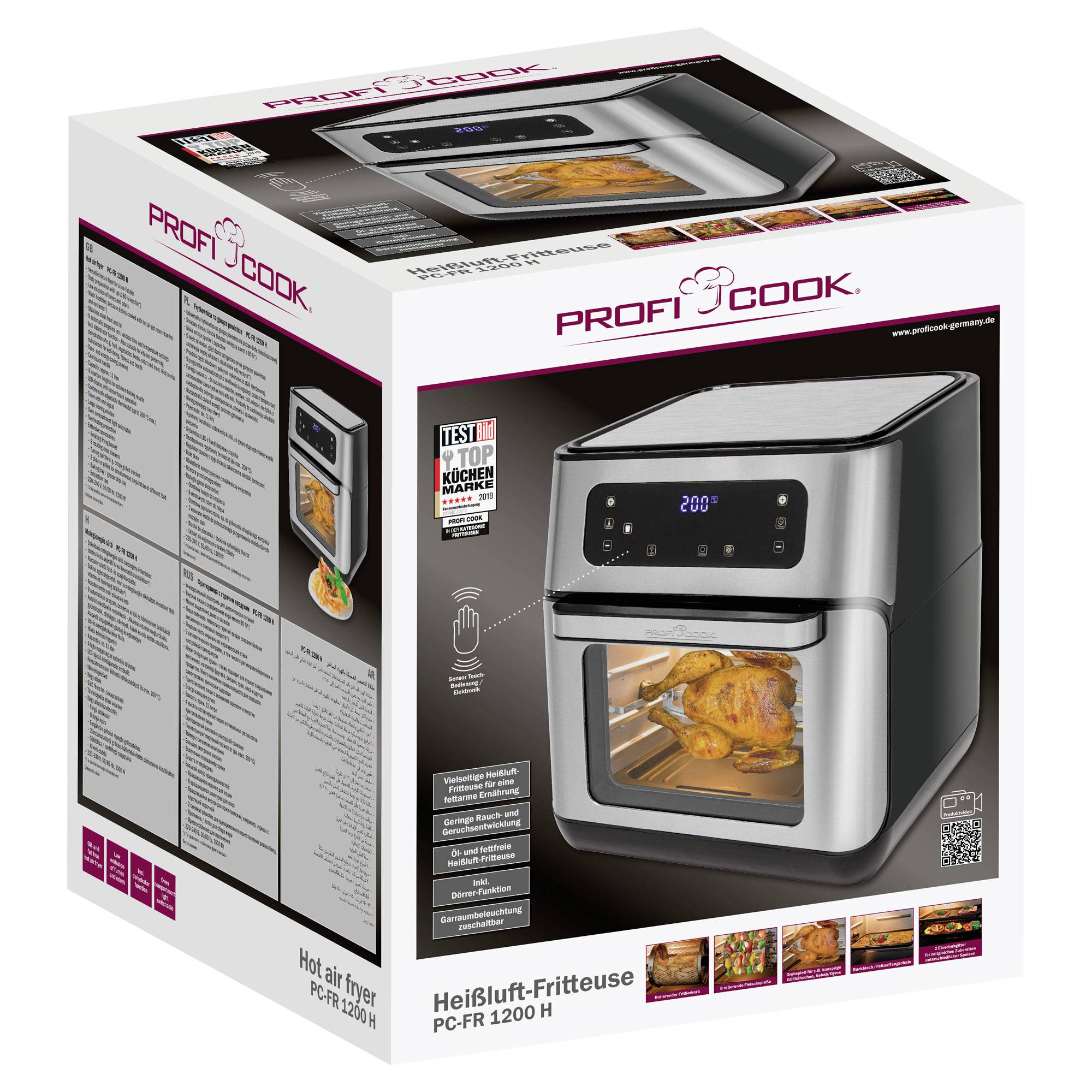 Verpackung einer Heißluft-Fritteuse von Profi Cook, Modell PC-FR 1200 H. Bild eines gebratenen Huhns im Gerät zu sehen. Gerätedetails abgebildet.