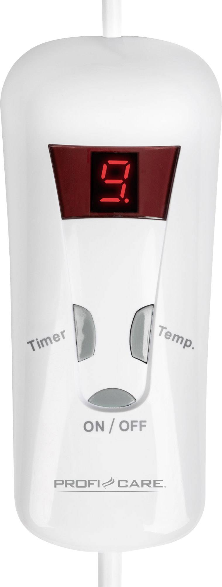 Elektrische Steuerung mit roter LED-Anzeige, die die Zahl '9' zeigt, umgeben von Tasten für Timer und Temperatur.