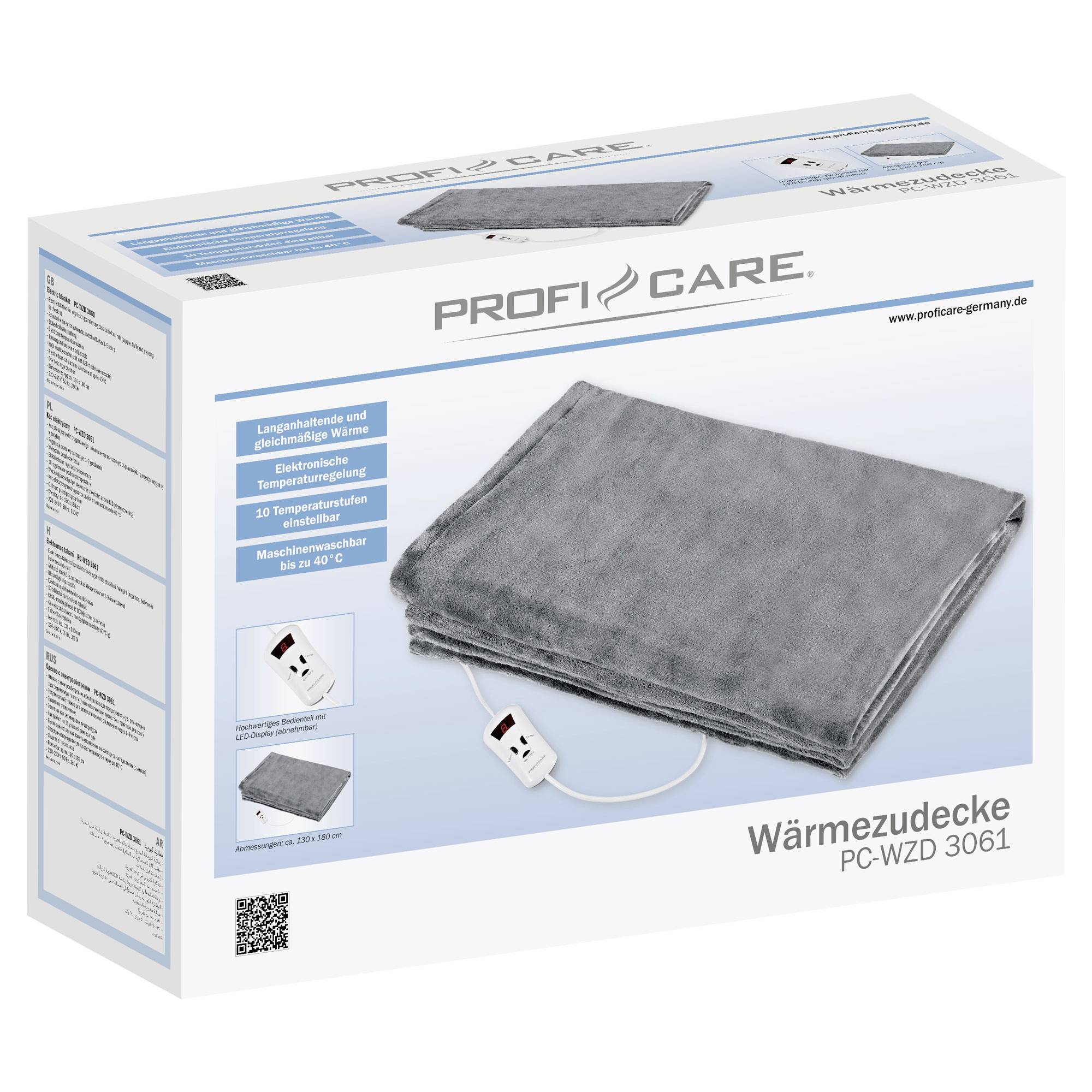 Verpackung einer Wärmeunterdecke. Zeigt ein graues Heizkissen mit Fernbedienung. Marke: ProfiCare. Modell: PC-WZD 3061.