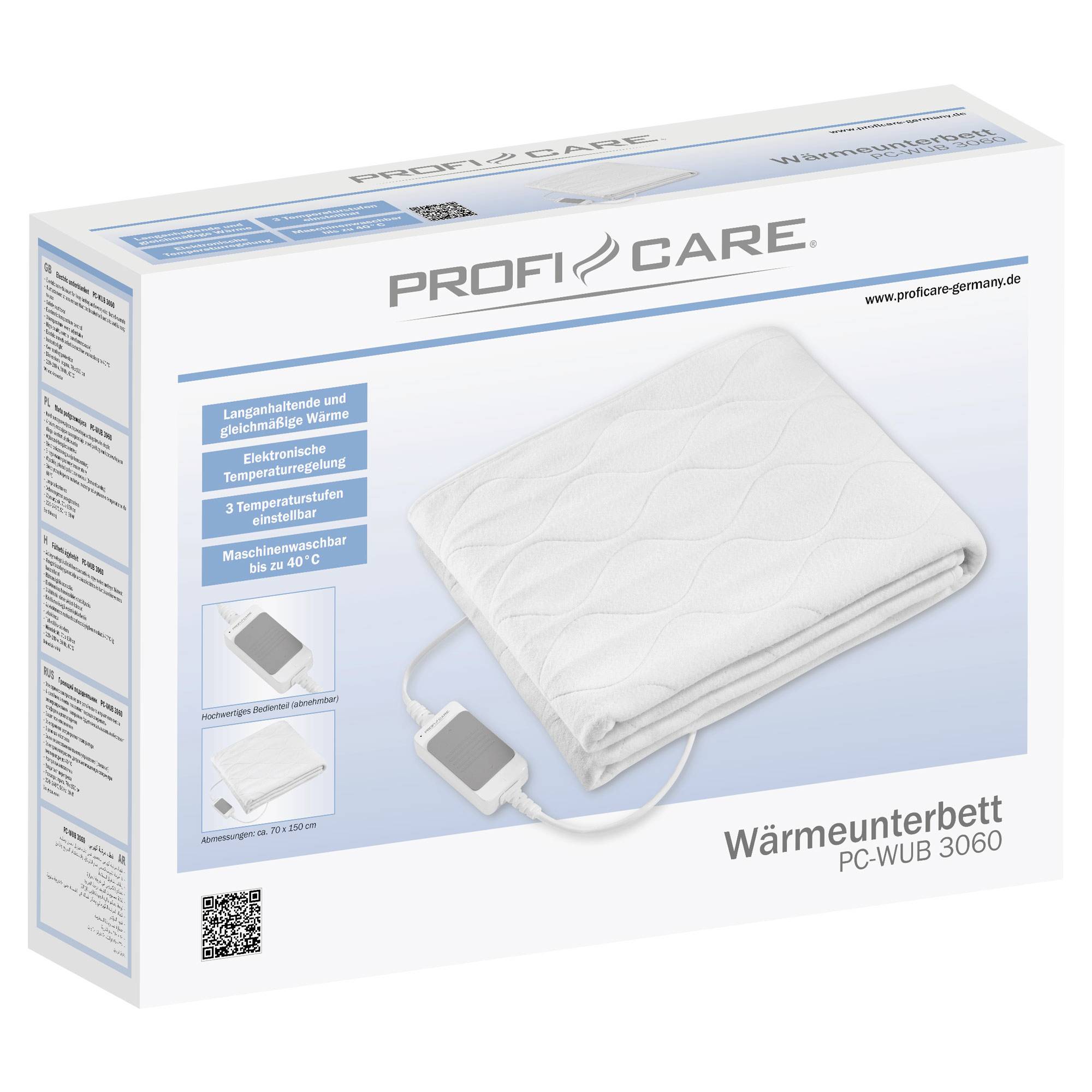 Verpackung eines ProfiCare Wärmeunterbetts, Modell PC-WUB 3060. Beschreibungen: langlebige Wärme, 3 Temperaturstufen, waschmaschinenfest bis 40°C.
