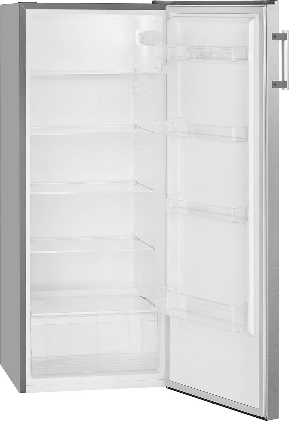 Ein geöffneter Kühlschrank mit mehreren leeren Regalböden, einem Gemüsefach unten und Ablagen in der Tür.