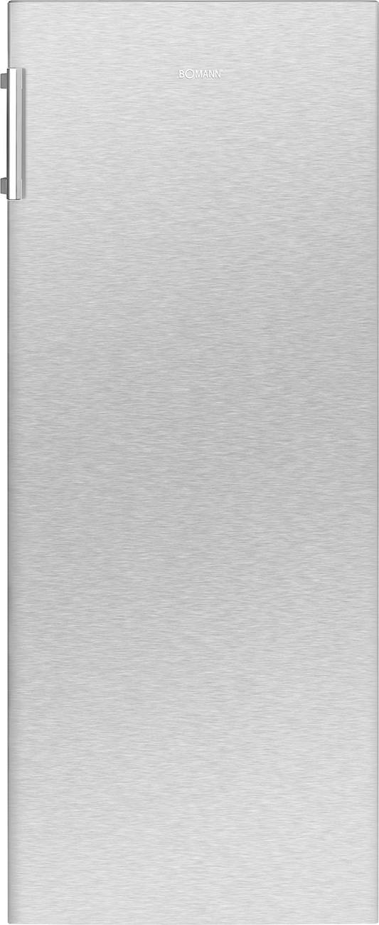 Silberner Einbaukühlschrank mit Griff links. Schlichtes, modernes Design ohne sichtbare Markenkennzeichnung auf der Tür.