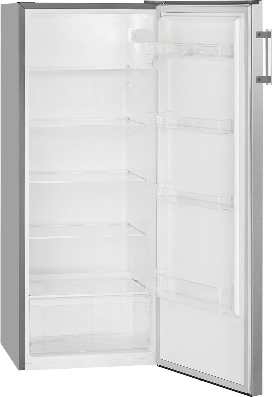 Ein geöffneter, leerer Kühlschrank mit mehreren Glasablagen und einem großen Gefrierfach unten. Tür hat einige Ablagen.