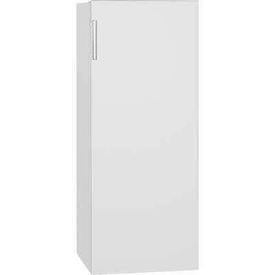 Ein weißer, vertikaler Kühlschrank mit einer Tür und einem silbernen Griff an der linken Seite, stehend vor einem neutralen Hintergrund.