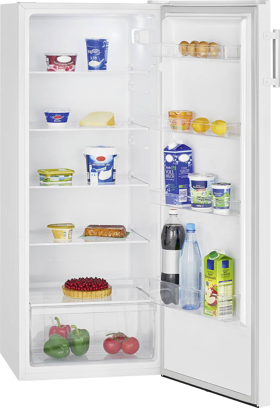 Ein geöffneter Kühlschrank mit Lebensmitteln: Oben Eier, mittig Milchprodukte, unten Getränke, Obst und Gemüse sowie eine Torte.