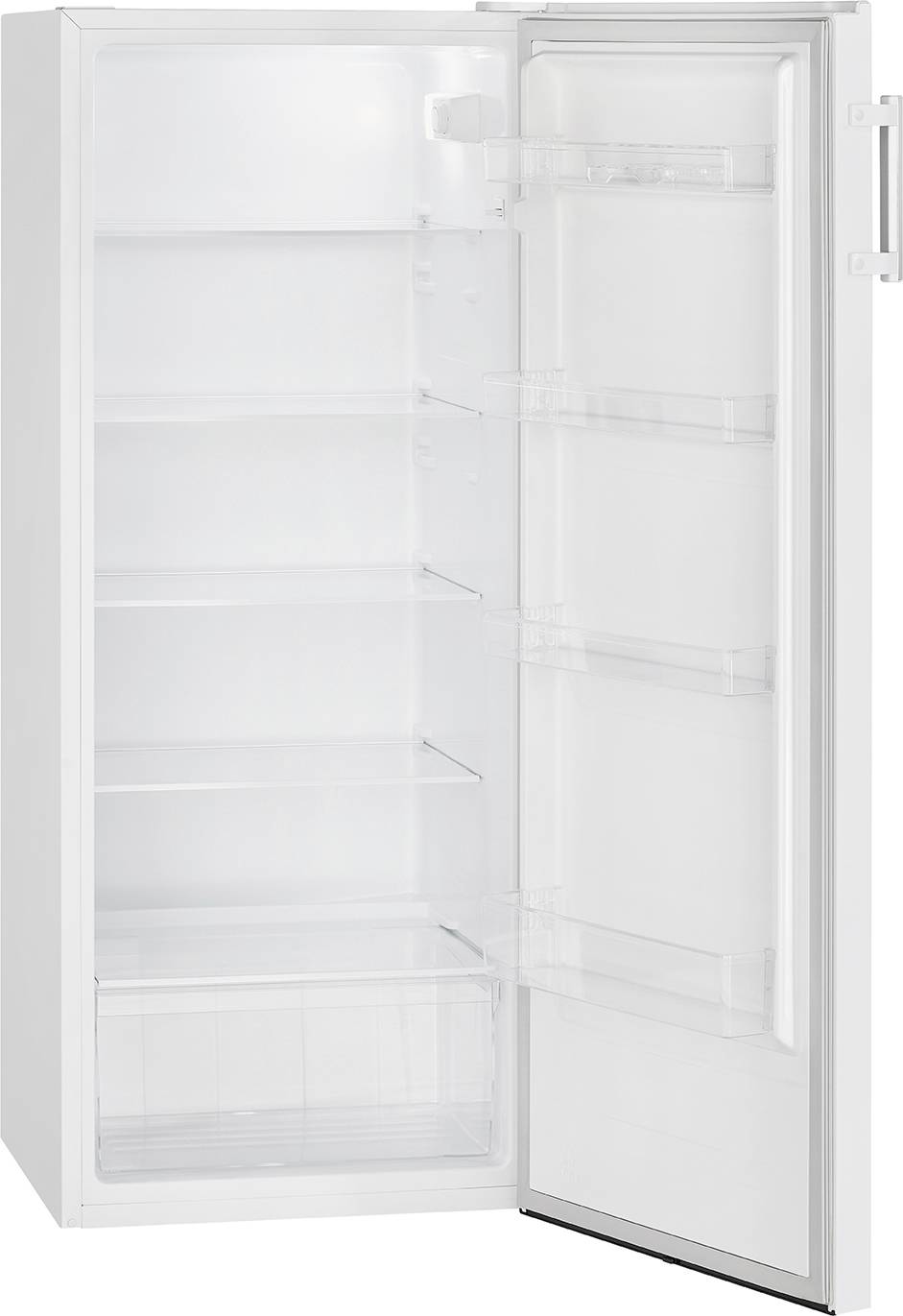 Ein geöffneter, leerer Kühlschrank mit mehreren Regalen und einem unteren Schubfach wird gezeigt.