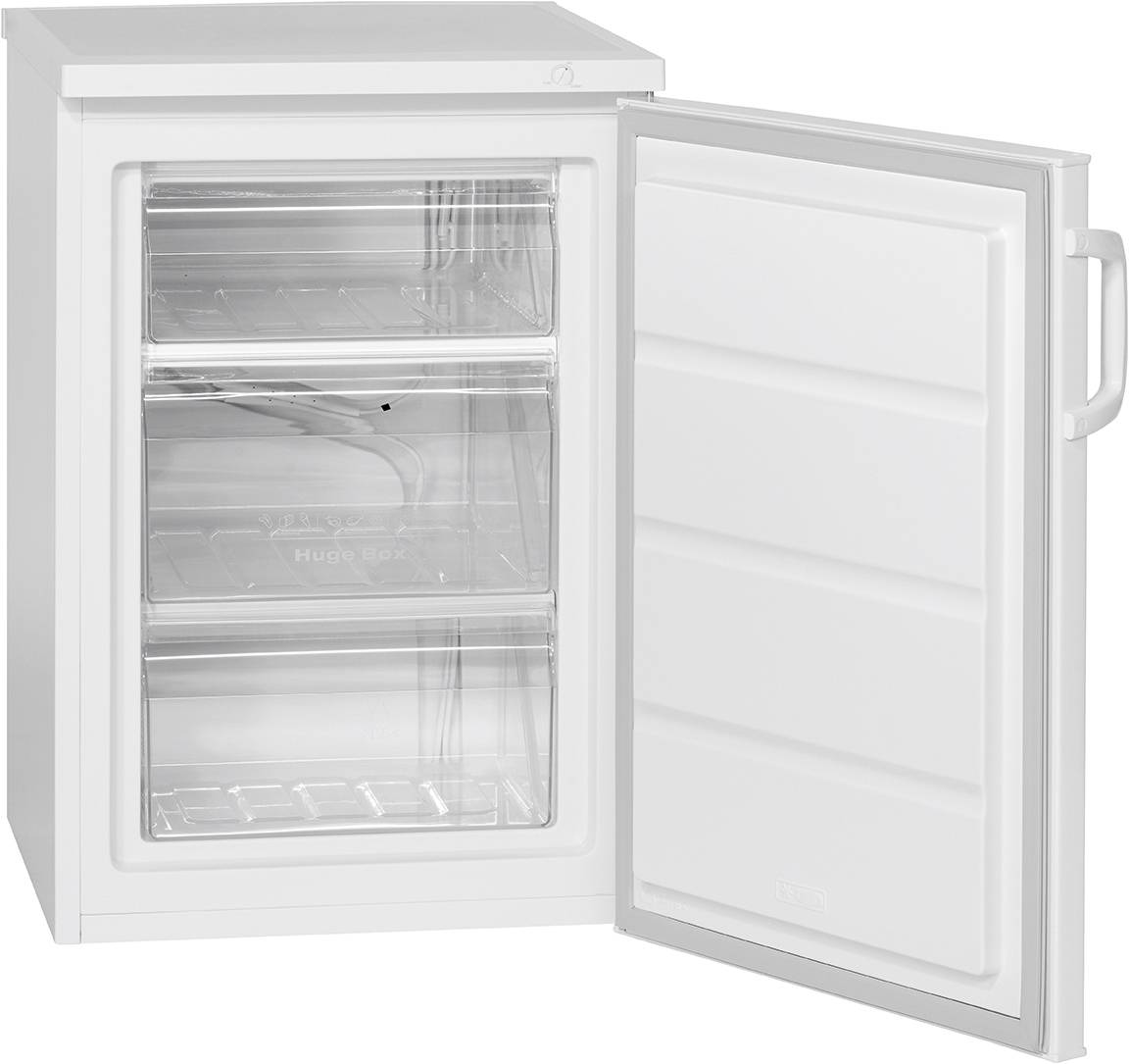Weißer Kühlschrank mit geöffneter Tür. Drei durchsichtige Gefrierfächer sichtbar.