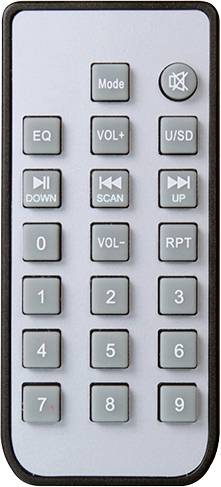 Graue Fernbedienung mit Tasten für Lautstärke, Stummschaltung, Equalizer, und Zahlen von 0-9.