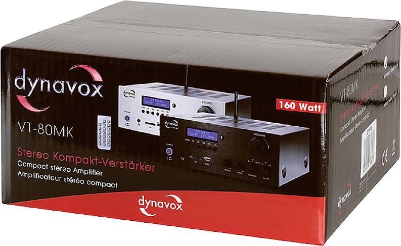 Karton mit Aufschrift 'dynavox VT-80MK', zeigt einen Stereo Kompakt-Verstärker mit 160 Watt. Abbildungen des Produkts auf der Verpackung.