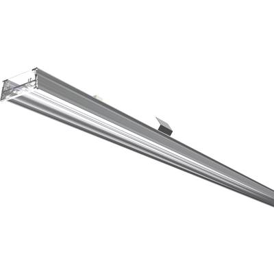 Ein modernes LED-Lichtsystem mit einem schlanken, silbernen Design und mehreren langen Lichtleisten, das zur Deckenmontage geeignet ist.