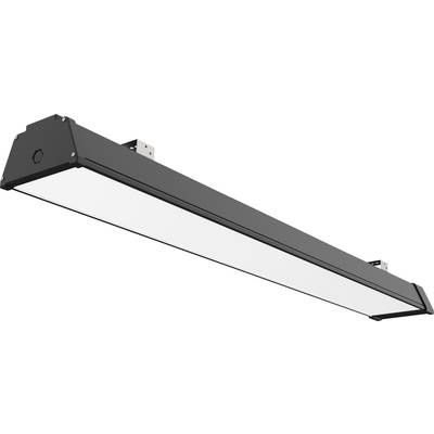 Längliche LED-Leuchte mit schwarzem Metallrahmen, geeignet für Deckenmontage in großen Räumen wie Garagen oder Lagerhallen.