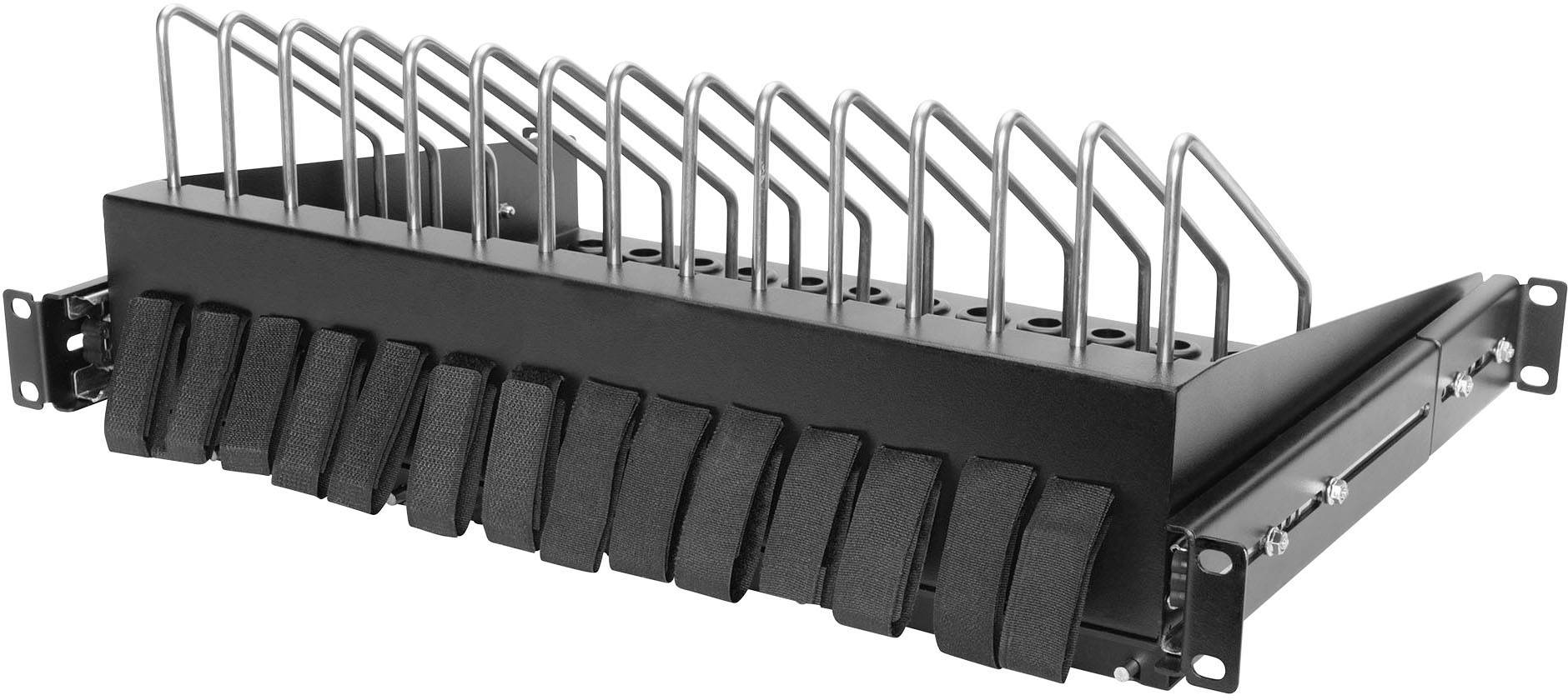 Ein Kabelmanagement-Paneel mit Haken und Schlaufen zur Bündelung und Organisation von Kabeln, geeignet für Serverracks.