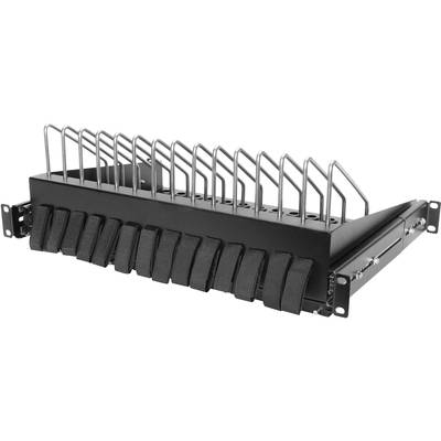 Ein Kabelmanagement-Paneel mit Haken und Schlaufen zur Bündelung und Organisation von Kabeln, geeignet für Serverracks.